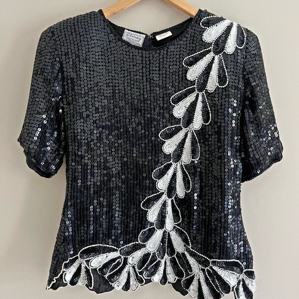 Vintage 80s Stenay Silk Sequin Beaded Top Black White Floral Glam Size M